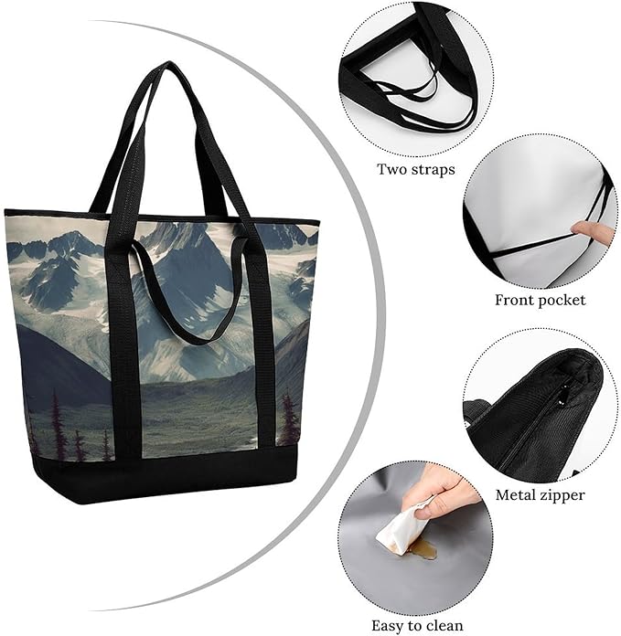 Insulated Shopping BagLarge Reusable Cooler Bags Alaska Mountains Printed Foldable Shopping BagTravel Waterproof Shoulder Bag