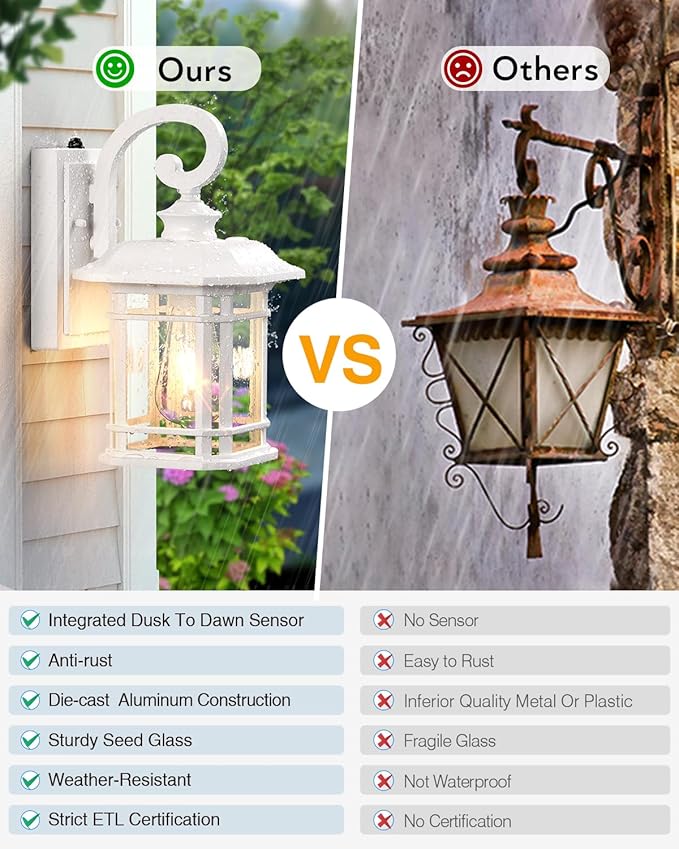 VIANIS White Outdoor Wall Lights Dusk to Dawn Outdoor Light Fixture 100% Aluminum Exterior Lighting Fixtures for House Porch Garden Doorway Waterproof