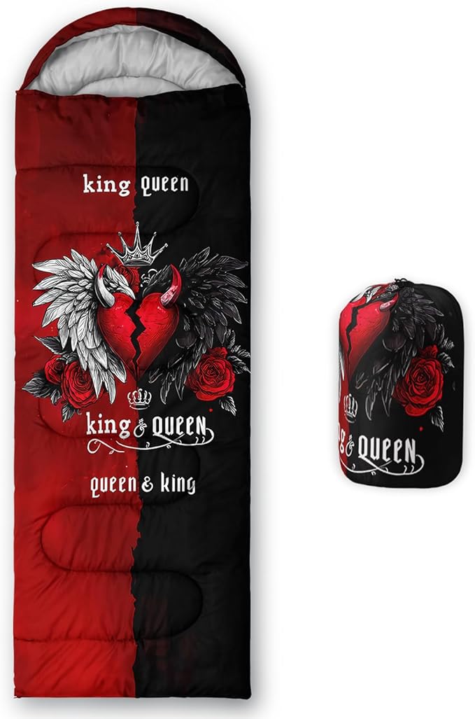 AILONEN 3D Printed Sleeping Bag 90x31 Weatherproof Lightweight Sleeping Bag with Portable Bag King Queen Red Black Heart Crown Theme for Camping Hiking Outdoor Adventures
