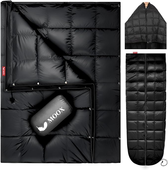 MOOX Down Camping Blanket Packable Backpacking Camping Quilt Outdoor Lightweight Warm Water Resistant Puffy Sleeping Bag Travel Hiking 55x79 Waterproof Camp Throw Blanket Black
