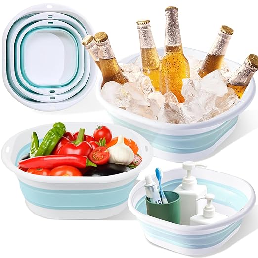 Collapsible Basin 3 Set Foldable Wash Basin Plastic Laundry Tub Space Saving Wash Tub for Dish Fruit Camping Laundry Hiking &amp Home (Blue)