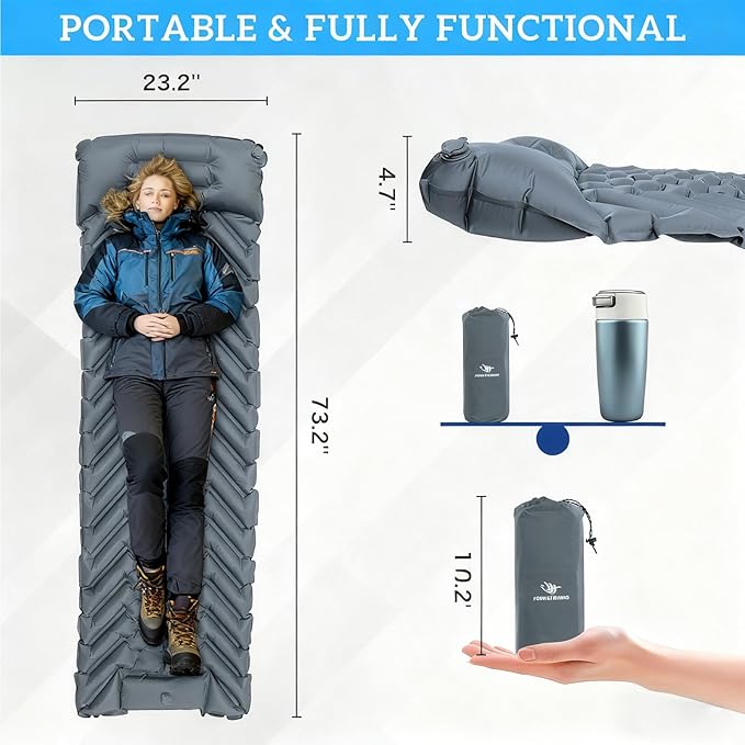 Camping Sleeping Pad Inflatable Ultralight Camping Mat with Pillow Built-in Foot Pump Air Mat for Traveling Tent Camping Hiking Backpacking (Gray)