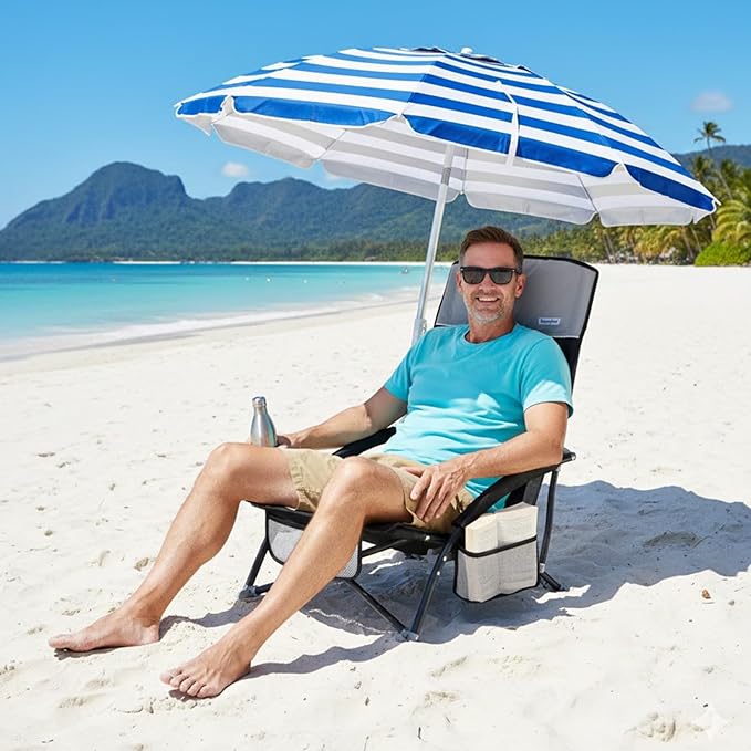 SUNNYFEEL Folding Beach Chair High Back Beach Chairs for Adults Lightweight Portable Camp Chair 300lbs Heavy Duty with Carry Bag Mesh Back Cup Holder for Outdoor Travel Picnic Concert Black