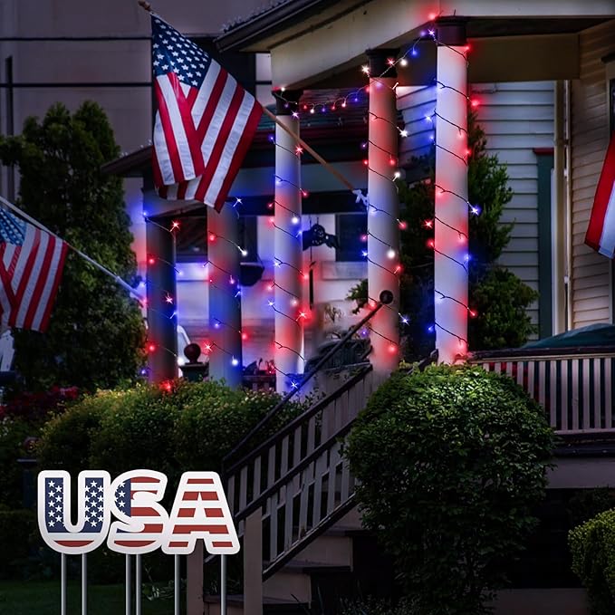 Kwaiffeo 4th of July Decorations Outdoor 100FT 300LED Red White and Blue String Lights for Independence National Memorial Day Flag Lights for 2024 President Election Campaign 1 Pack