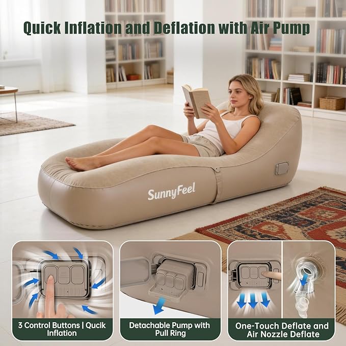 SUNNYFEEL Inflatable Lounge Chair with Built-in Pump Heavy Duty PVC Flocked Inflatable Sofa for Adults Portable Air Lounger for Camping Beach Home &amp OutdoorBeige