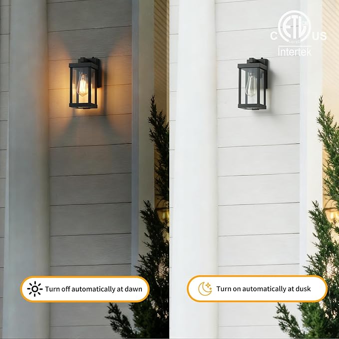 mirrea 11 Dusk to Dawn Classic Outdoor Wall Sconce 1 Light in Matte Black Rectangular Metal Frame and Clear Glass Shade Waterproof Porch Light Patio Light Pack of 2
