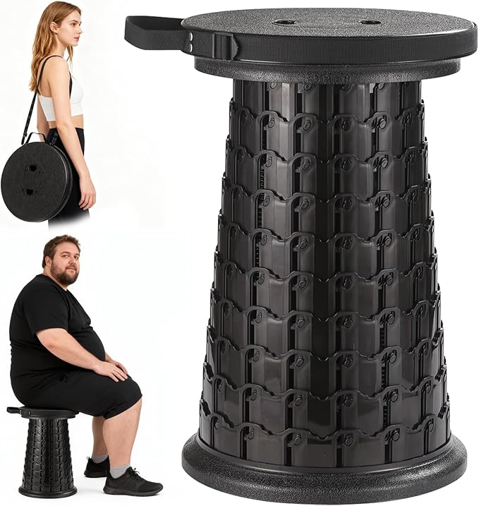 2025 Heavy Duty XXL Collapsible Stool | 1000lbs Capacity 20-in Taller &amp 13-in Wider Foldable Retractable Telescoping Stool for Adults Oversized Camping Fishing Concert Event Stadium