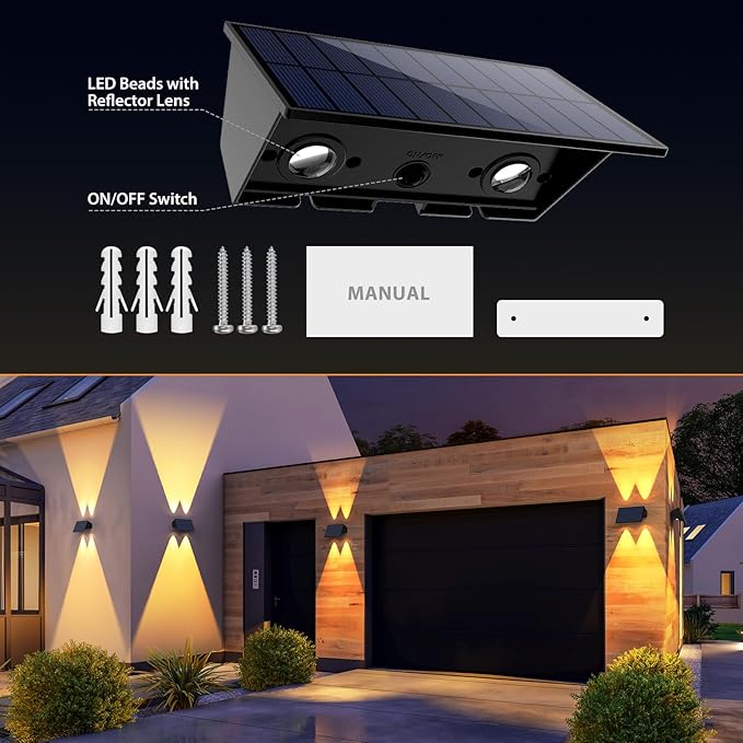 Solar Fence Lights6Pack Solar Lights Outdoor Warm White + RGB Up &amp Down Waterproof 100 Lumens Dusk to Dawn Large Solar Wall Lights for Backyard/Pool/Railing/Patio/Porch/Step/Wall