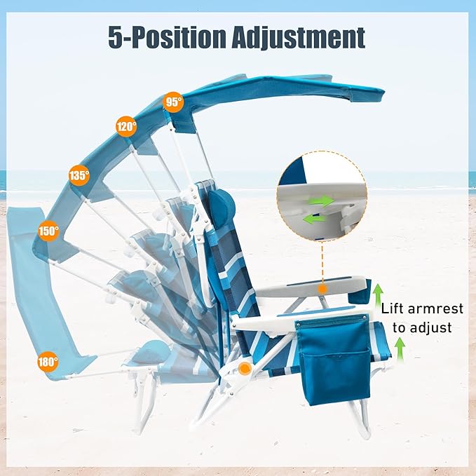 2 Pack Beach Chair with Canopy Shade 5 Positions Textilene Folding Reclining Beach Chair with Backpack Straps Cooler Bag &amp Cup Holder for Outdoor Lawn Camping