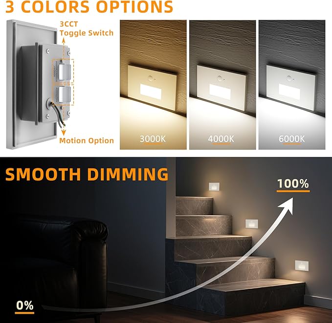 8 Pack Motion Sensor Stair Lights Indoor OutdoorDimmable Motion Activated Step Lamp 3000K/4000K/6000KHardwired 120V 4W IP65 Waterproof Outside Stairway LightLed Staircase Lights- White