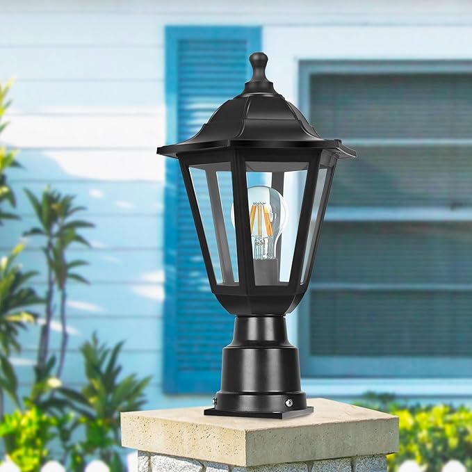 FUDESY Outdoor Post Light Exterior Lamp Post Light Fixture with Pier Mount Base Waterproof Pole Lantern Lighting with E26 Socket Matte Black Plastic Lamp for Garden Patio Pathway(Bulb Included)