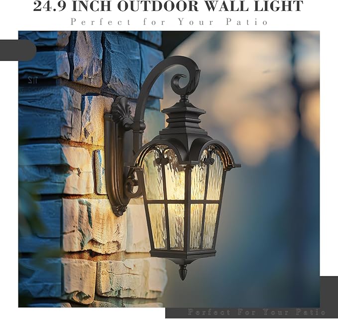 Emliviar Porch Outdoor Wall Lantern Vintage Wall Mount Light Fixture with Water Ripple Glass Matte Black Carriage Light for Yard Barn Patio WE215BM-SW BK