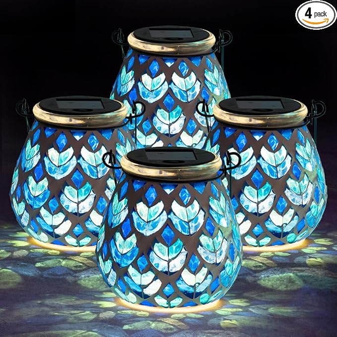 Stargarden 4 Pack Mosaic Solar Lanterns Blue Glass Hanging Lantern Waterproof Outdoor Hanging Solar Lights Table Lamp for Garden PatioYard Decor