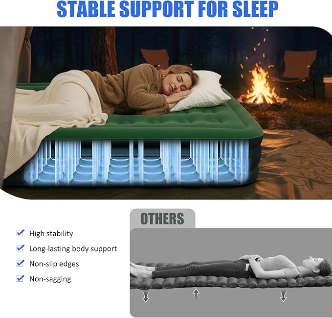 AYAMAYA Queen Camping Air Mattress with Built-in Rechargeable &amp Detachable Pump 10 Height Inflatable Blow Up Airbed Portable Self Inflating Sleeping Pad for Tents Outdoor Travel Home Guests