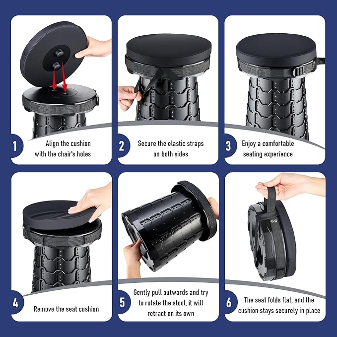2026 Upgraded Collapsible Stool with Cushion Portable Folding Stool for Adults Heavy Duty Camping Stools for Outdoor Camping Travel Hiking Fishing Adujstable Folding Chair Footrest