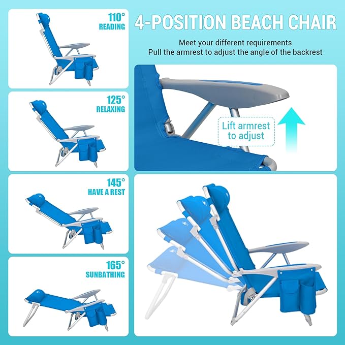 #WEJOY Beach Chair for Adults Reclining Adjustable Position Lay Flat Lightweight Folding Portable Aluminum Chair with Backpack StrapsPadded headrest Heavy Duty 400 lbs Lawn Chair for Beach Sand