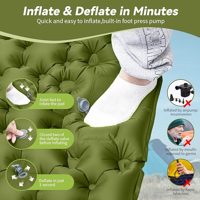 HiiPeak Double Sleeping Pad - Self Inflating 3 Extra-Thick for 2 Person with Pillow Built-in Foot Pump Inflatable Sleeping Mat for Backpacking Hiking Traveling Tent Portable Camping Mat (Green)
