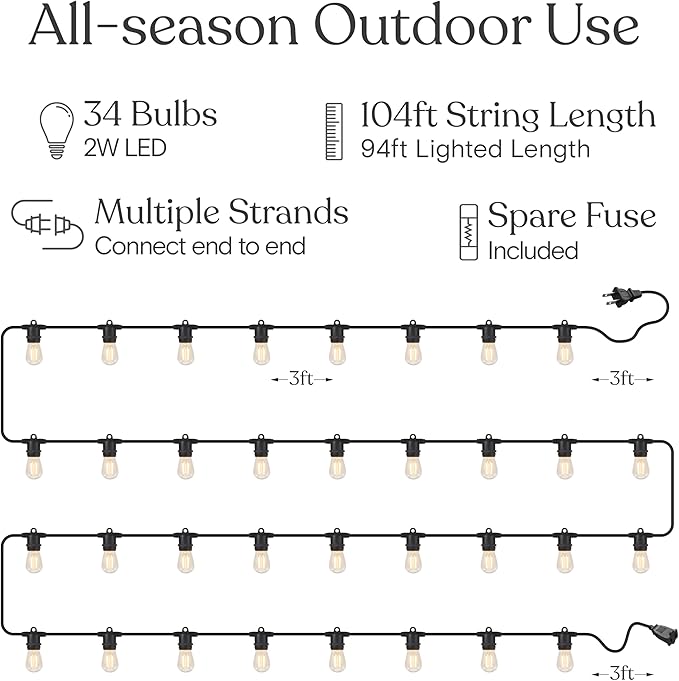 Brightech Ambience Pro 105Ft LED String Lights - 1W Commercial Grade Patio Lighting Outdoor Waterproof - Heavy Duty Dimmable Vintage Edison Porch Lights for Outside Backyard - 34 Bulbs Soft White