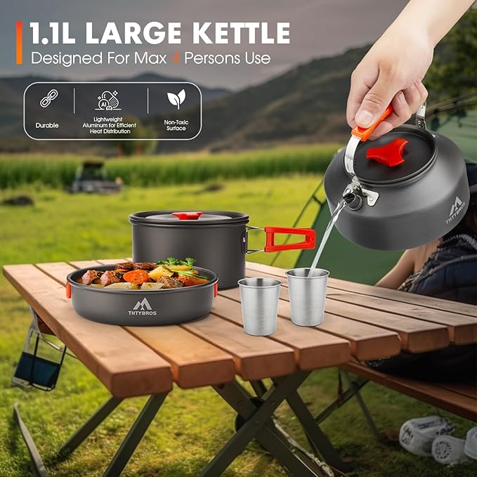 17pcs Camping Cookware Kit 0.45Gal Pot 7inches Pan0.30Gal Kettle Set with 2 Set Stainless Steel Cups Plates Forks Knives Spoons for Hiking