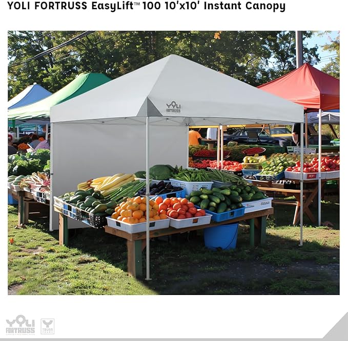 YOLI FORTRUSS EasyLift 10’x10’ Pop Up Instant Canopy with Reinforced Y-Truss Frame 99% UV Protection Water Resistant &amp Fire-Retardant Top 4 Height Settings with Sidewall and Wheeled Carry Bag