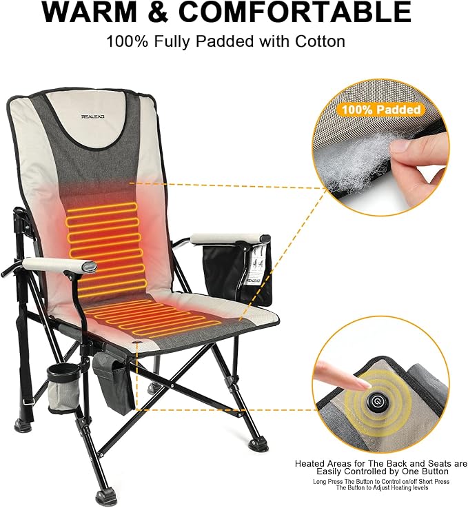 REALEAD Heated Camping Chair - Fully Padded Heated Chairs Outdoor Sports - Heavy Duty Heating Camp Chairs for Adults Supports 400 lbs - Perfect for Outside Sport Events Concert Battery NOT Included
