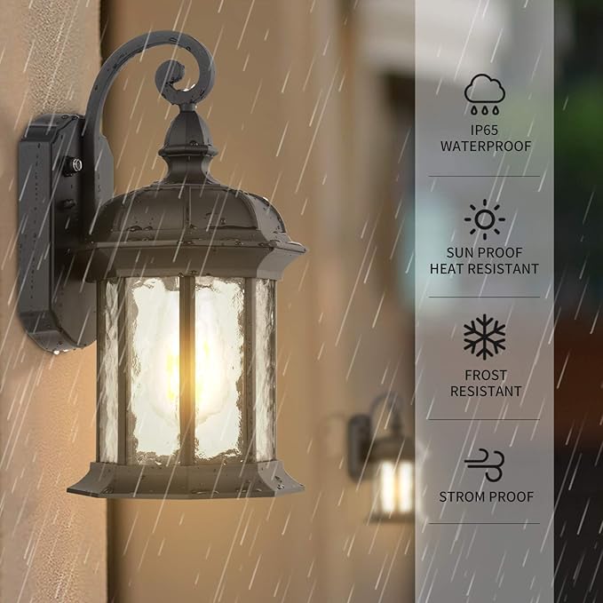 CINOTON Dusk to Dawn Outdoor Wall Lighting Outdoor Wall Lantern with Water Ripple Glass Waterproof Wall Sconce for Porch Front Door Patio or Garage (2 Pack)