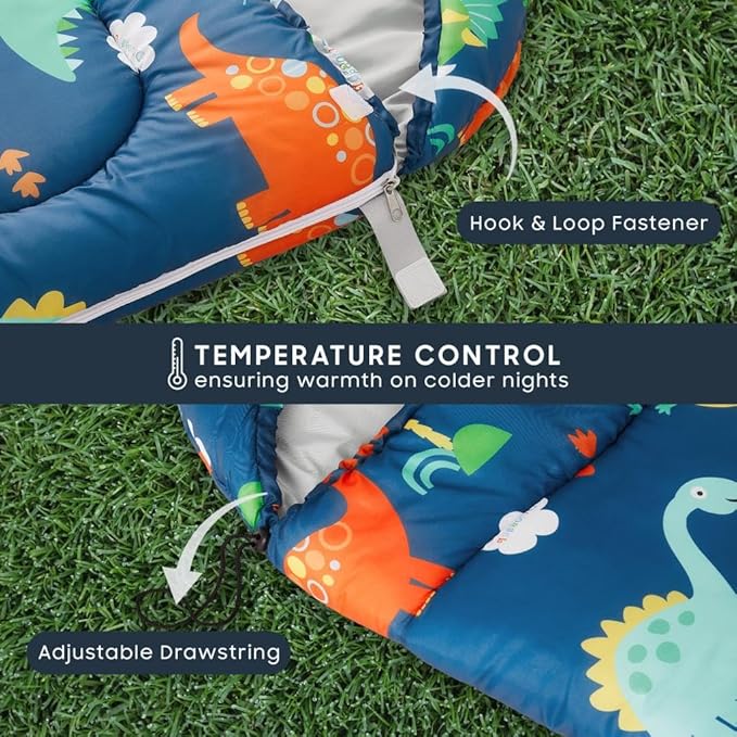 Wake In Cloud - Kids Sleeping Bag for Boys Toddlers Camping in Warm Cold Weather Backpacking Lightweight Compact Outdoor Liner for 3 Seasons Cartoon Jurassic Dinosaur