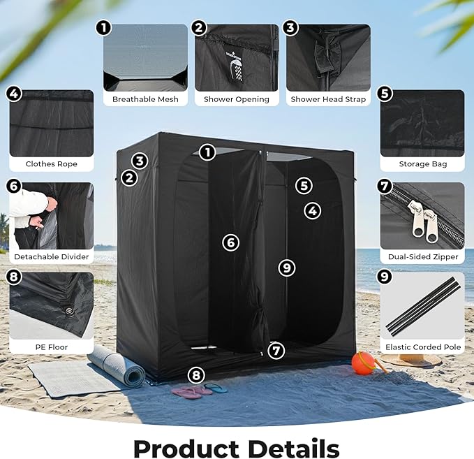 EighteenTek® Shower Tent Camping 2-Room Portable Changing Room Outdoor Shower Enclosure Pop Up Privacy Tent Shelter with Floor &amp Doors Waterproof &amp Lightweight Camping Toilet Bathroom