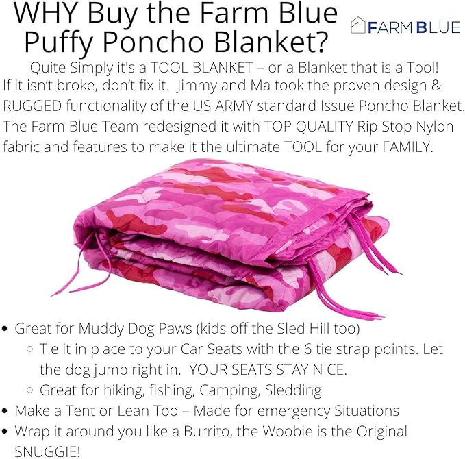 Farm Blue Pink Camo Military Camping Blanket - Woobie Blanket Poncho Liner - for Hiking Gear Backpacking and Car Survival Blankets - Unique New Pretty N Pink Custom Pattern Avail at