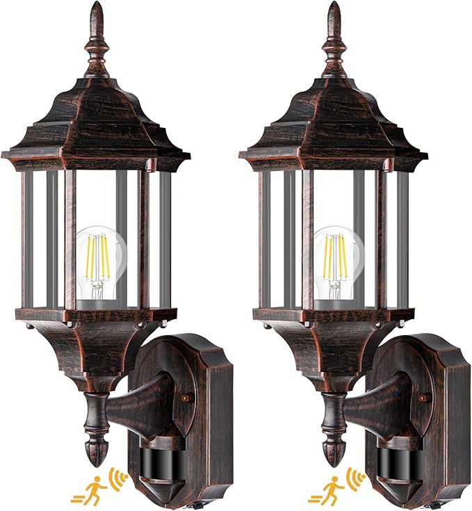 Redluck Motion Sensor Outdoor Lights 2 Pack 16 inch Dusk to Dawn Outside Porch Lights Waterproof Anti-Rust Aluminum Outdoor Wall Lights for House Garage Front Door Antique Black and Bronze Gold