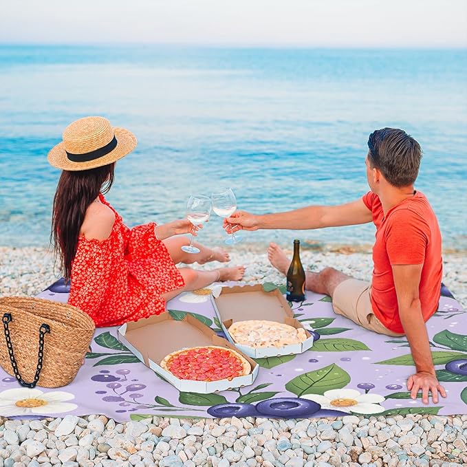 Waterproof Sandproof Beach Blanket 59''×68'' Blueberries Blossom Polyester Outdoor Picnic Blanket with 4 Stakes &amp Storage Bag for BeachCampingVacation Light Blue