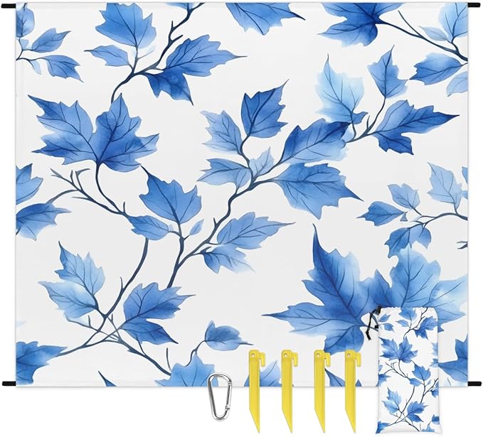 Waterproof Sandproof Beach Blanket 59''×68'' Branch Blue Leaves Polyester Outdoor Picnic Blanket with 4 Stakes &amp Storage Bag for BeachCampingVacation White