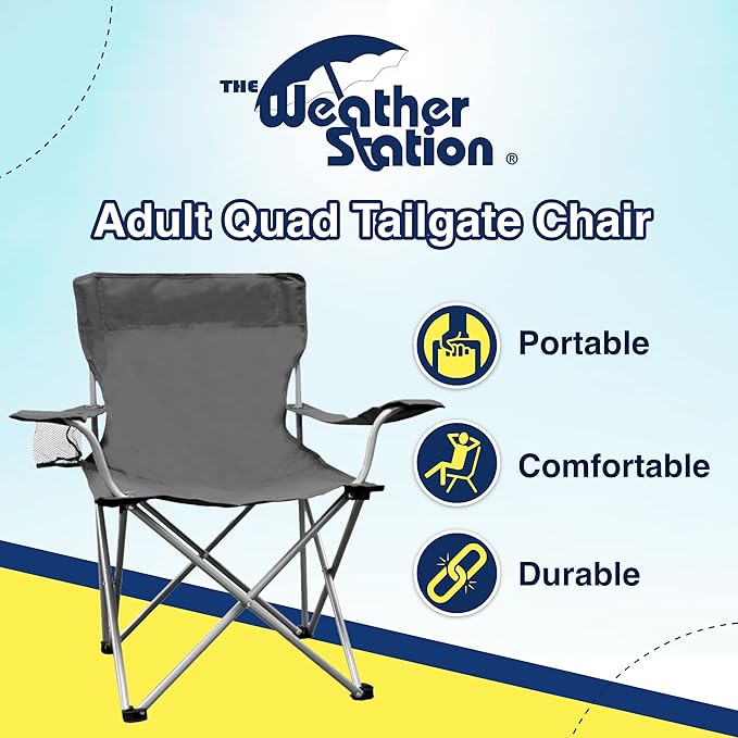 Weather Station Camping Chair Lightweight and Portable Outdoor Folding Tailgate Quad Chair with Cup Holder and Armrests