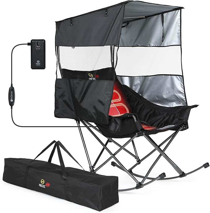 Nice C Heated Rocking Camping Chair with Canopy XL Oversized Folding Rocker with Battery Outdoor Umbrella Chairs with Shade with Cup Holder Cooler Bag for Sports Patio Backyard (1 Pack)