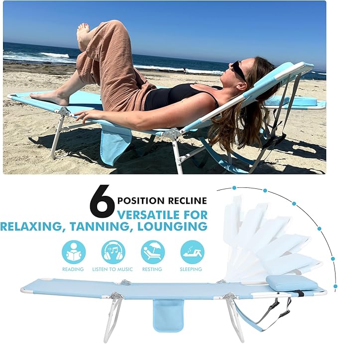 3 in 1 Women Comfort Backpack Beach Tanning Lounge Chair with Cushion Face Hole Softer Padded Adjustable Washable Folding Layout Sun Chair for Adults Outside Reading Sunbathing Poolside 6 Position