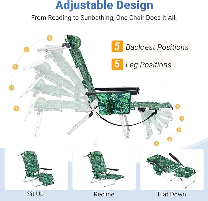 3 N 1 Beach Chair w/ Face Cushion &amp Arm Holes Lightweight Lawn Reclining Lounge Chair w/ Adjustable Backrest &amp Footrest5 Position Folding Chair for Outdoor Patio Backyard 440lb Weight Capa