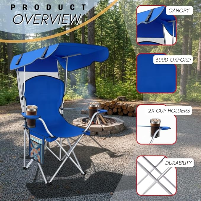 Portable Folding Camping Chairs with Canopy Shade Beach Chair for Adults Durable Weather Resistant 600D Oxford Cloth Camping Chair with Canopy for Outdoors [Blue]
