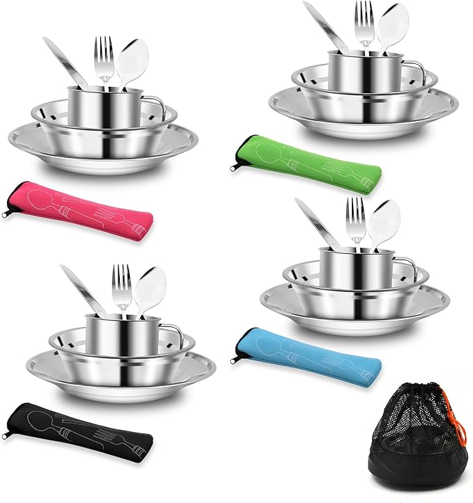 29pcs Stainless Steel Utensils Camping Tableware Kit with Bowls Plates Cups Forks Spoons and Knives for 4 Reusable Camping Flatware