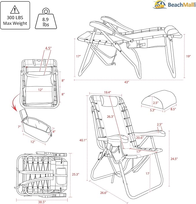 Ultimate Heavy Duty High Seat Aluminum Folding Backpack Beach Chair for Adults | Lay Flat 5 Reclining Positions | Removable Insulated Cooler Pouch | 300 lbs Weight Capacity