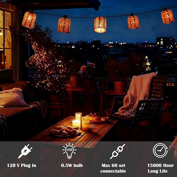 Natural Rattan String Lights 10 Rustic Raffia Cage 13 Ft Plug in &amp Connectable Wicker LightsOven Brown Rattan