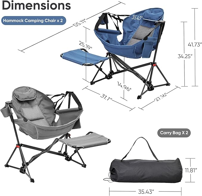 Ainfox Hammock Camping Chair with Footrest Heavy Duty Foldable Portable Rocking Hammock Chairs Outside Swinging Camp with Cup Holder Pillow for Outdoor Patio Poolside Grey Dark Blue