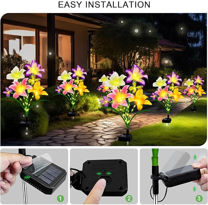 Solar Garden Lights 2 Pack with 8 Lilies Outdoor Decorative Flower Lights for Garden Gift for Family and Friends IP65 Waterproof Flower Solar Outdoor Stake Lights for Yard Patio Lawn Pathway