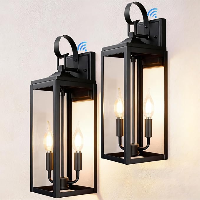 OKELI 17.6 2-Pack Dusk to Dawn Outdoor Wall Sconce Lighting Large Exterior Porch 2-Light Farmhouse Lantern with Clear Glass Waterproof for House Garage Black