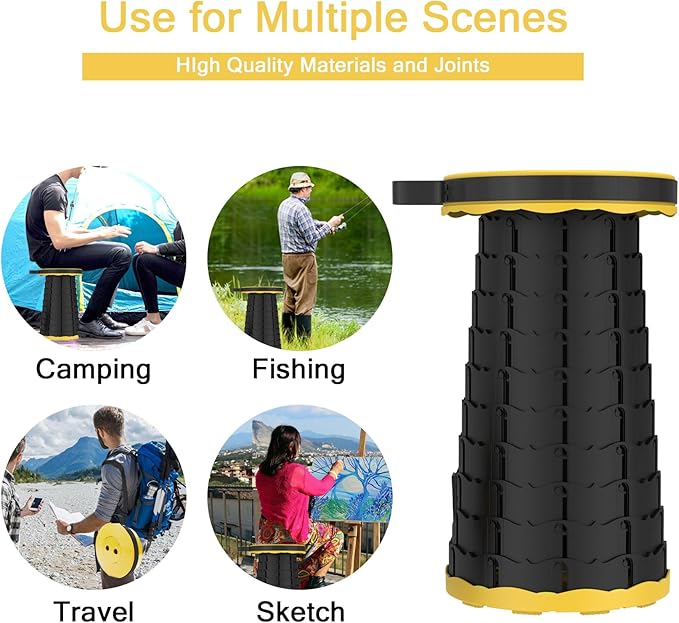 LB Portable Collapsible Retractable Folding Stool Lightweight Telescoping Foldable Camping Stool for Adults for Outdoor Fishing Hiking Gardening Travel BBQ Hunting Indoor Activities (Yellow Black)