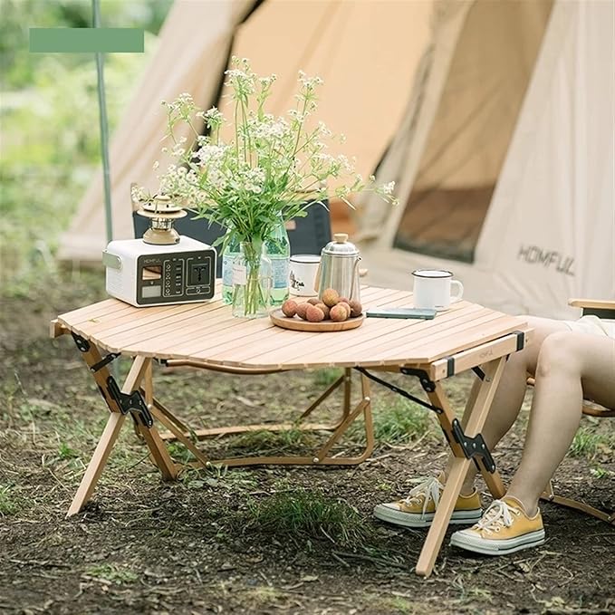 Picnic Tables Outdoor Solid Wood Octagonal Egg roll Table Camping Folding Table Portable Courtyard Barbecue self-Driving Picnic Table