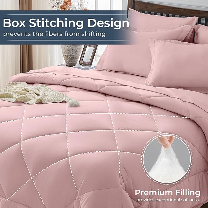 HEVUMYI Dusty Pink Cali-King Comforter Set - 7-Piece All Season Bed in a Bag Cali-King Ultra Soft Bedding Set with Comforter Flat Sheet Fitted Sheet Pillowcases Pillow Shams