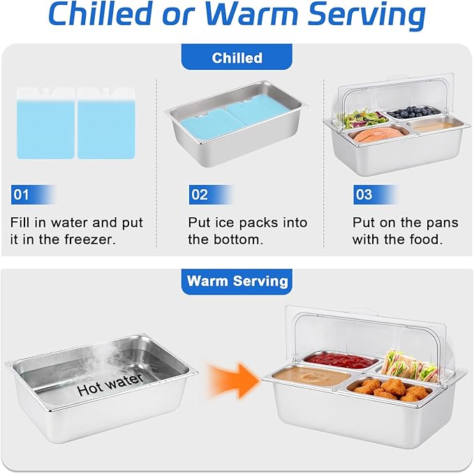 Cold Food Buffet Server 4 Pans×2.7QT with Ice Packs for Salad Pizza Sauce Colded Serving Trays Condiments Containers for Parties Buffet