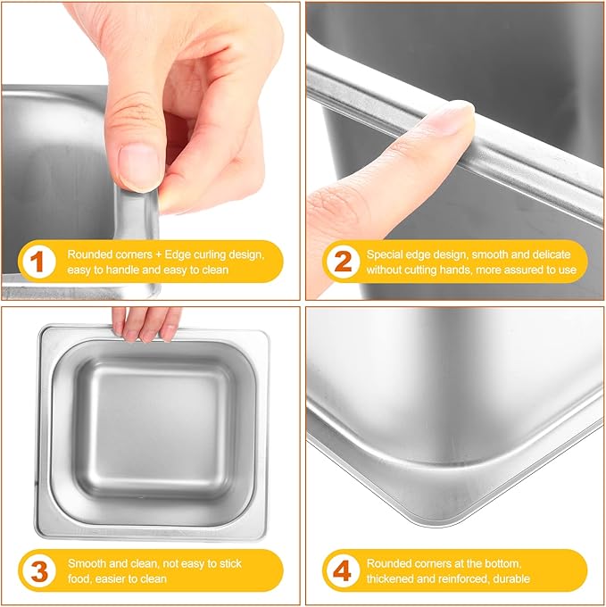 Thenshop 10 Pack 1/6 Size 6 Inch Deep Hotel Pans Stainless Steel Steam Table Food Pan Commercial Metal Food Catering Tray Anti Jam for Hotel Restaurant Buffet Party Supplies (Standard)