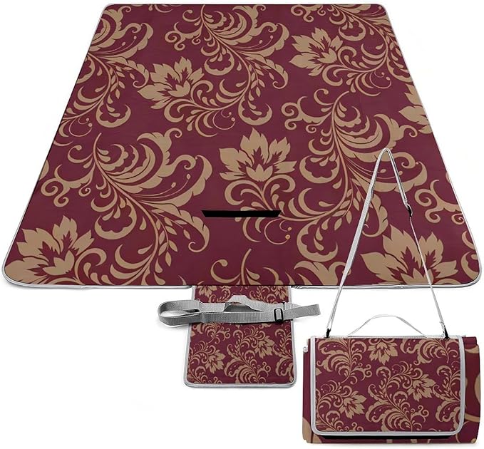 Vintage Victorian Damask Maroon Gold Floral Burgundy Antique Waterproof Outdoor Picnic Blanket Sandproof Beach Mat for Camping Hiking Grass Travelling