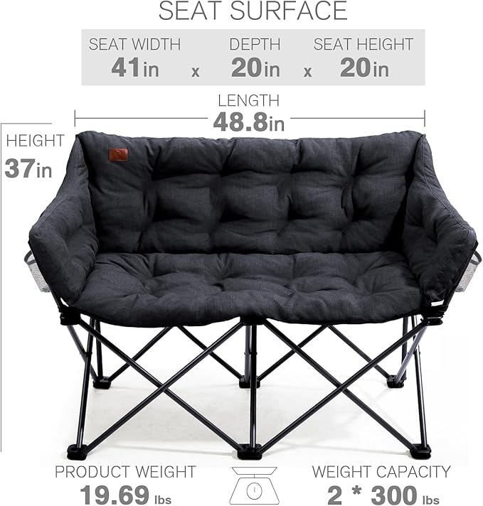 EVER ADVANCED Double Camping Chair for Adults Padded Folding Camping Loveseat Bench with Side Pocket Portable Camping Couch Two Person Heavy Duty Outdoor Chair with CushionSupport 600lbs Black